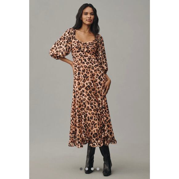 Hutch Animal Print Twist-Front Puff-Sleeve Ruffle-Hem Dress Medium New - Picture 3 of 10